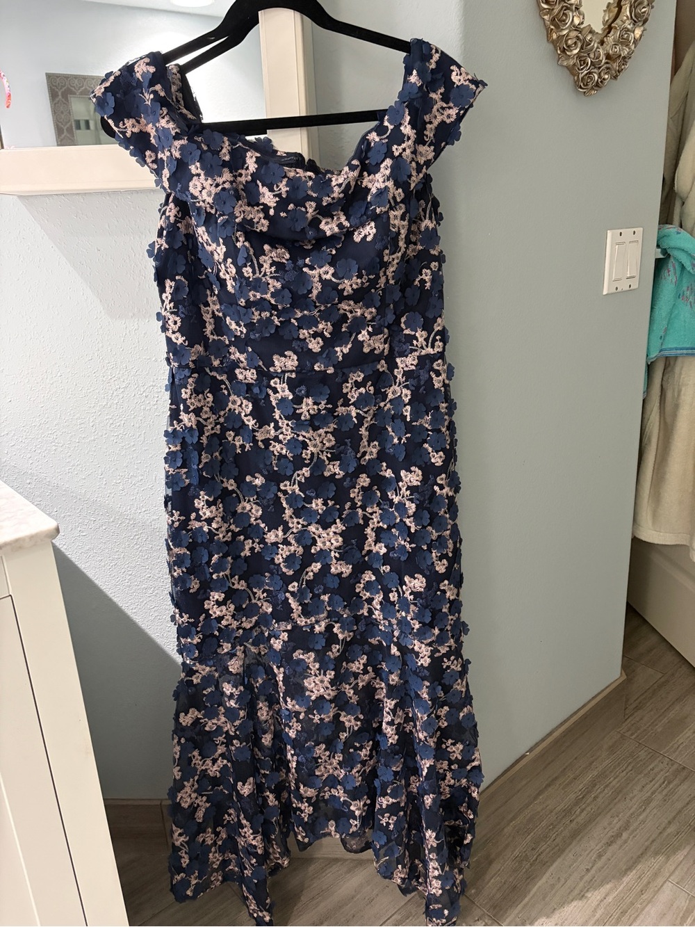 Xscape Navy and Pink Floral Off-Shoulder Maxi Dress